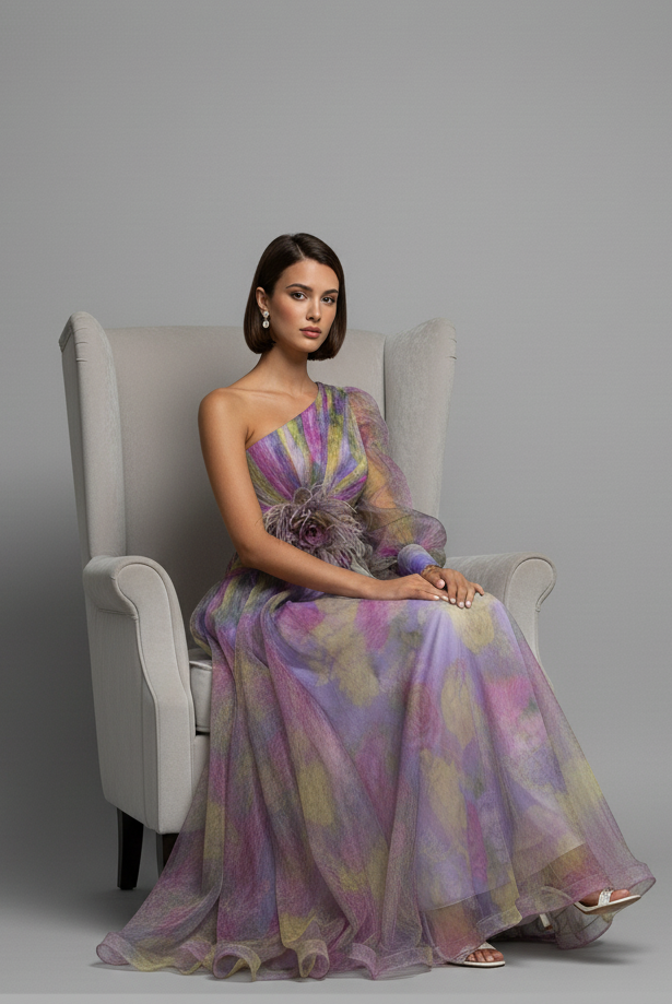 One-Shoulder Floral Tulle Gown
