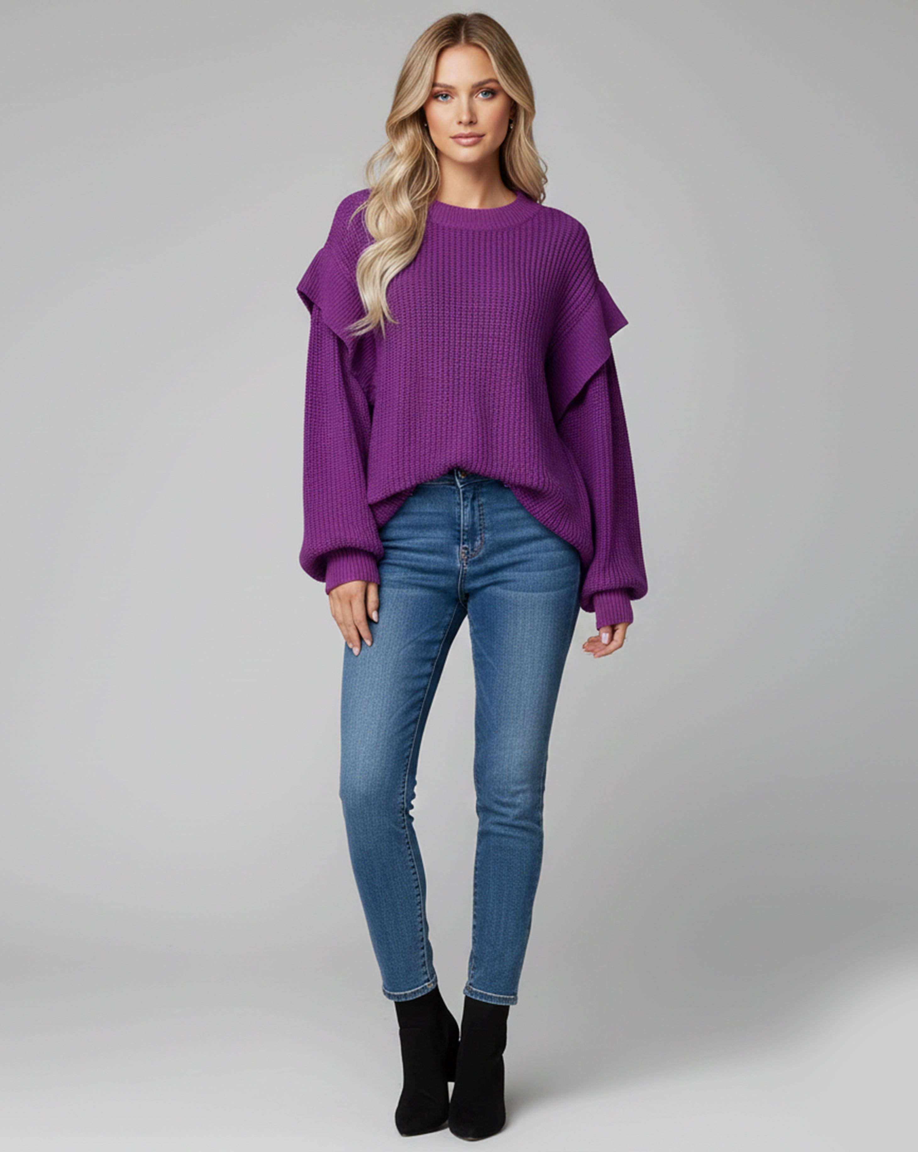 Textured Sleeve Knit Crew Sweater
