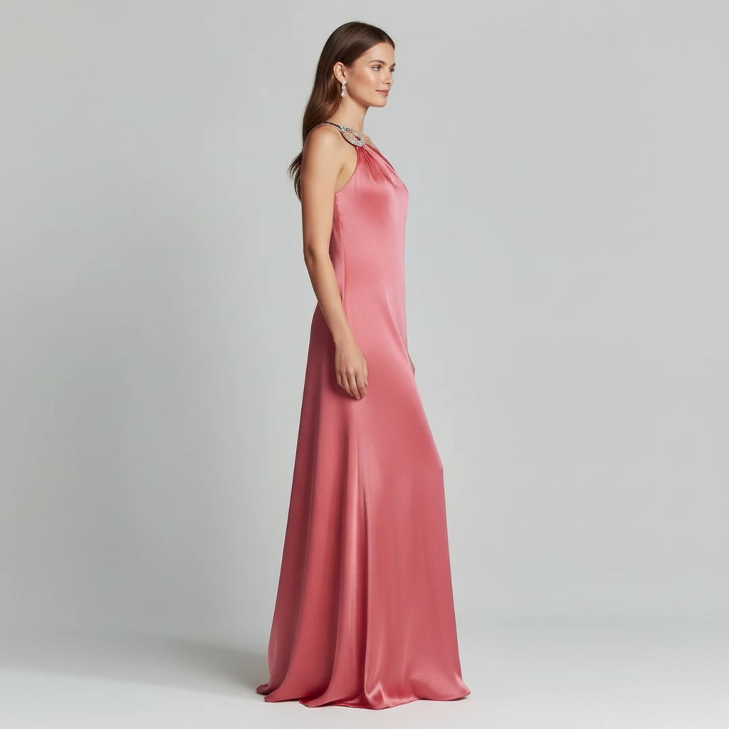Satin One-Shoulder Metallic Maxi Dress