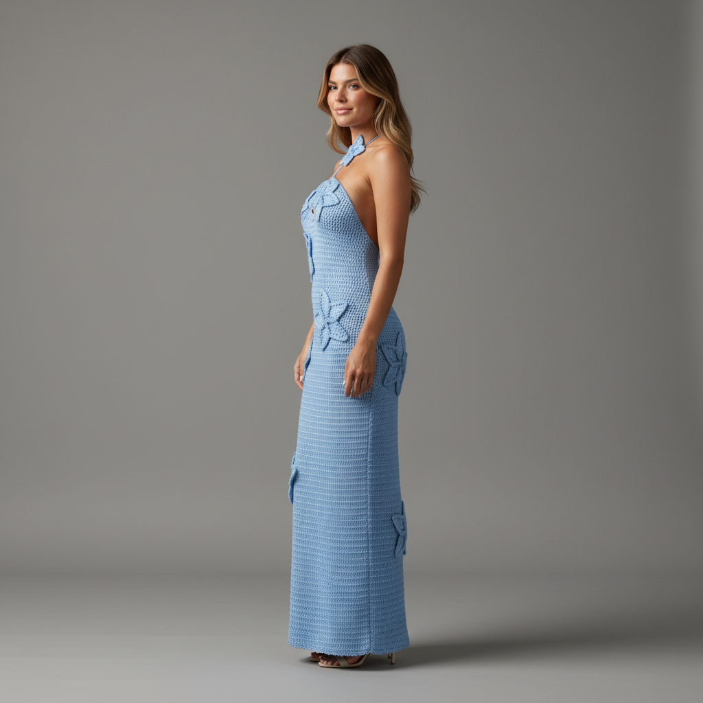 Floral Crochet Halter Maxi Dress