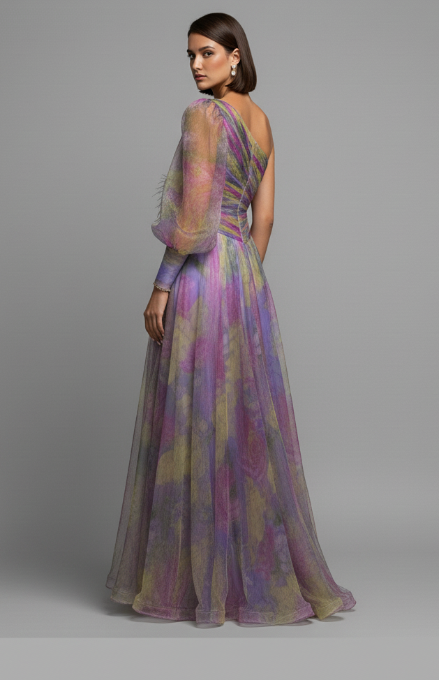 One-Shoulder Floral Tulle Gown