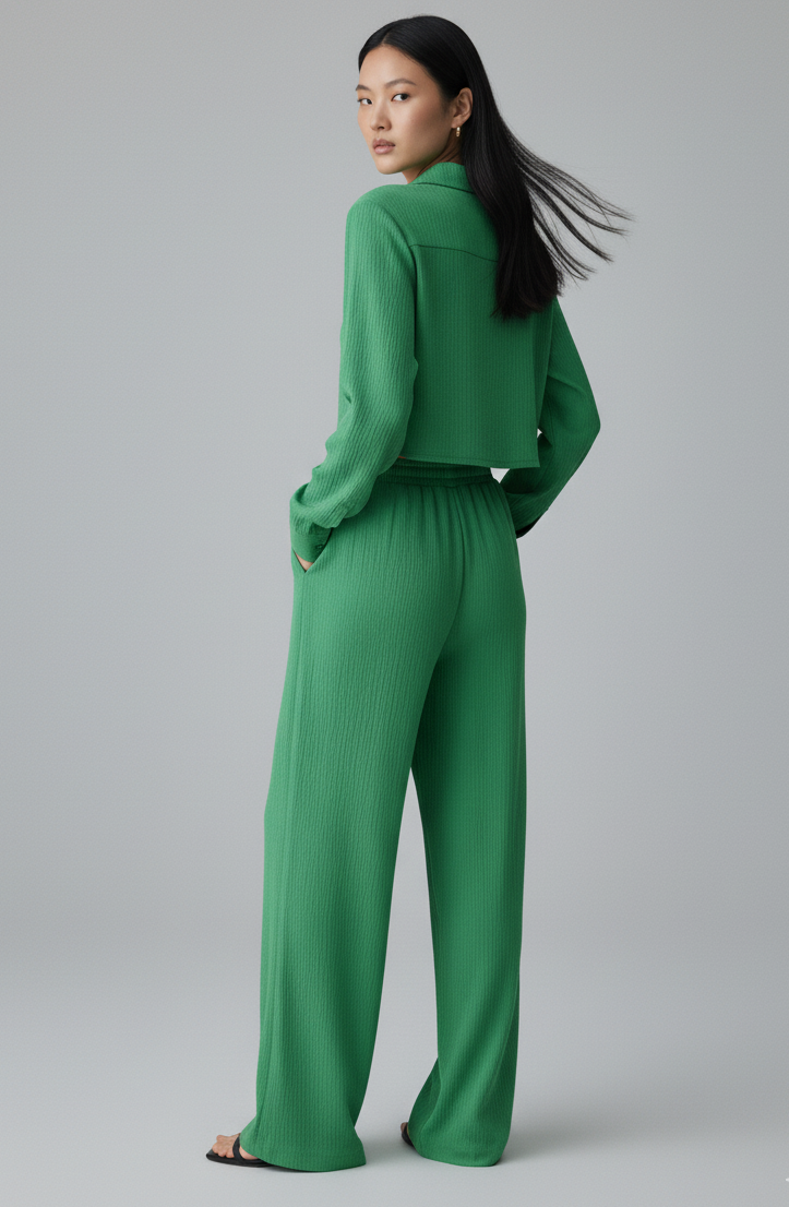 Cropped Long Sleeve Shirt and Relaxed Fit Pants Set
